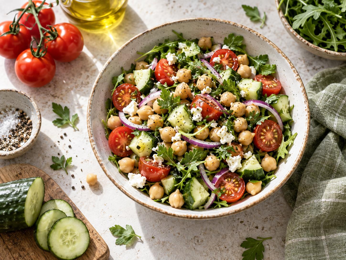 Chickpea salad with tomatoes, cucumber, and leafy greens